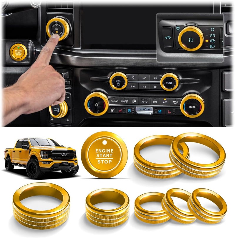 Polodunn ملحقات فورد F150 2021-2025 و Super Duty F250 F350 F450 2023-2025، مجموعة غطاء مقبض من سبائك الألمنيوم 9 قطع - بدء التشغيل، تكييف الهواء، ضبط الصوت، المصابيح الأمامية، وضع القافلة وقيادة السيارة (ذهبي) - Image 1